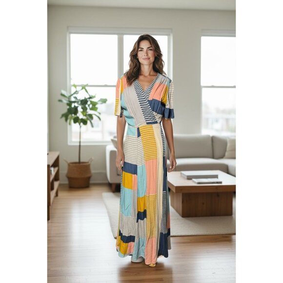 Anthropologie The Odells Maxi Wrap Dress L Boho Chic Patchwork Stripe Blue Pink - Picture 1 of 16
